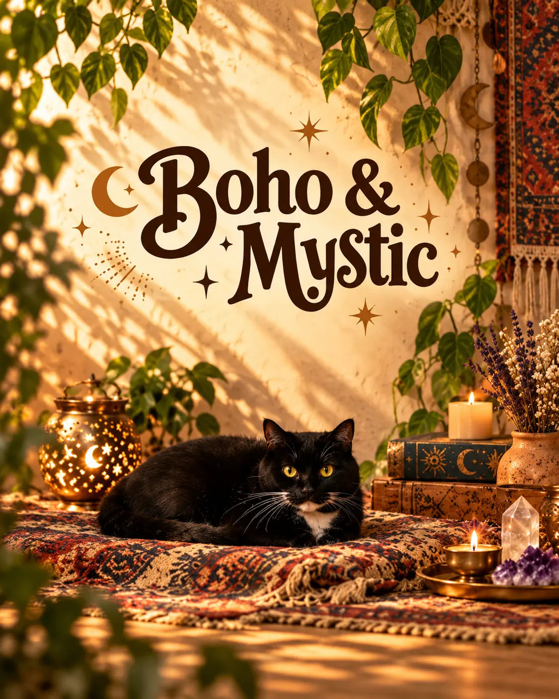 Black cat resting on an ornate bohemian rug surrounded by candles, crystals, and mystical books for the Boho & Mystic collection card