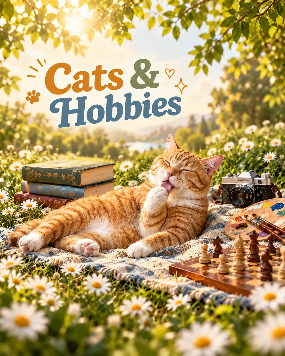 Ginger tabby cat licking its paw on a picnic blanket with classic books, a vintage camera, chess, and painting supplies for the Cats & Hobbies card