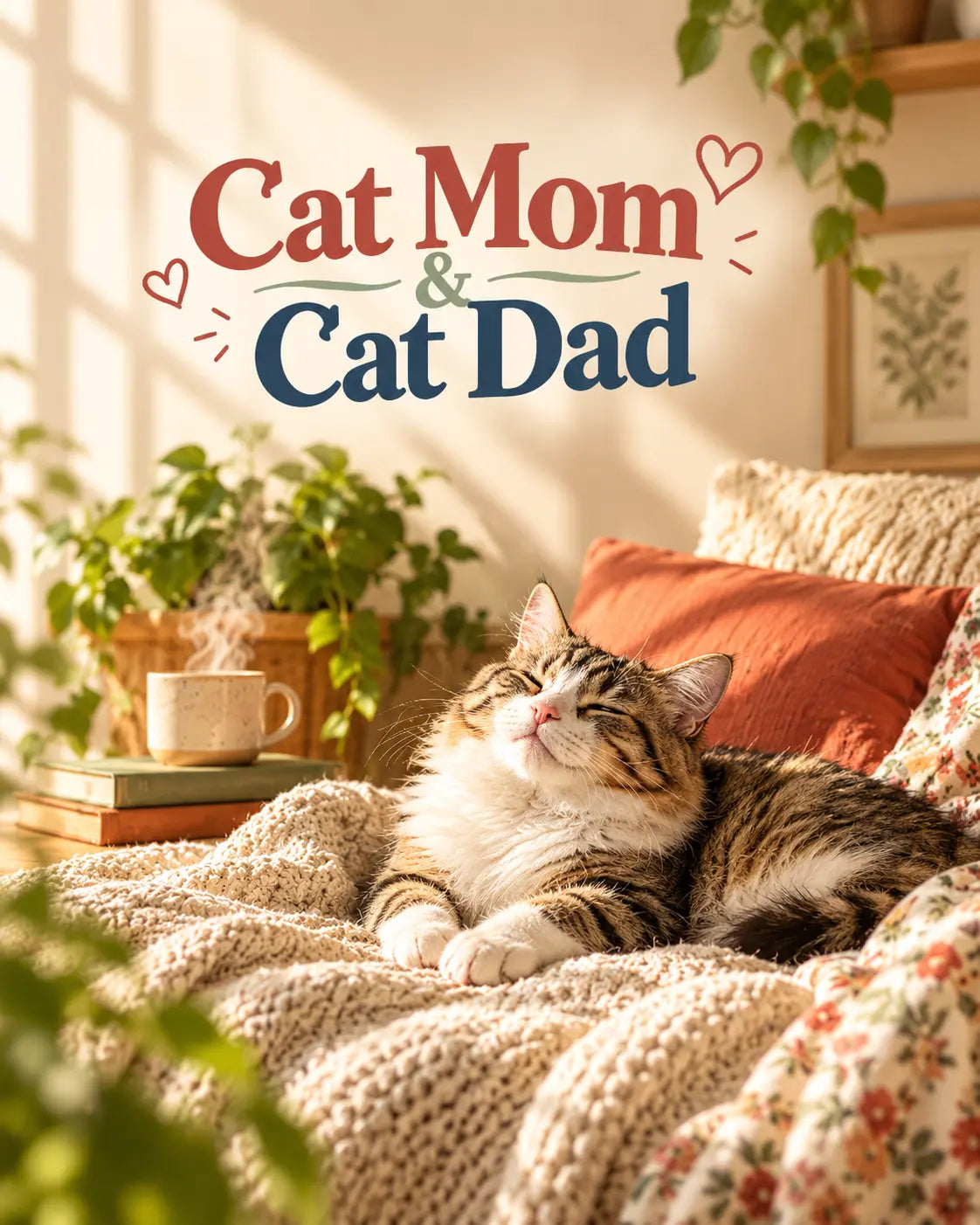 Smiling tabby cat purring on a textured knit blanket next to a steaming mug for the Cat Mom & Cat Dad collection card