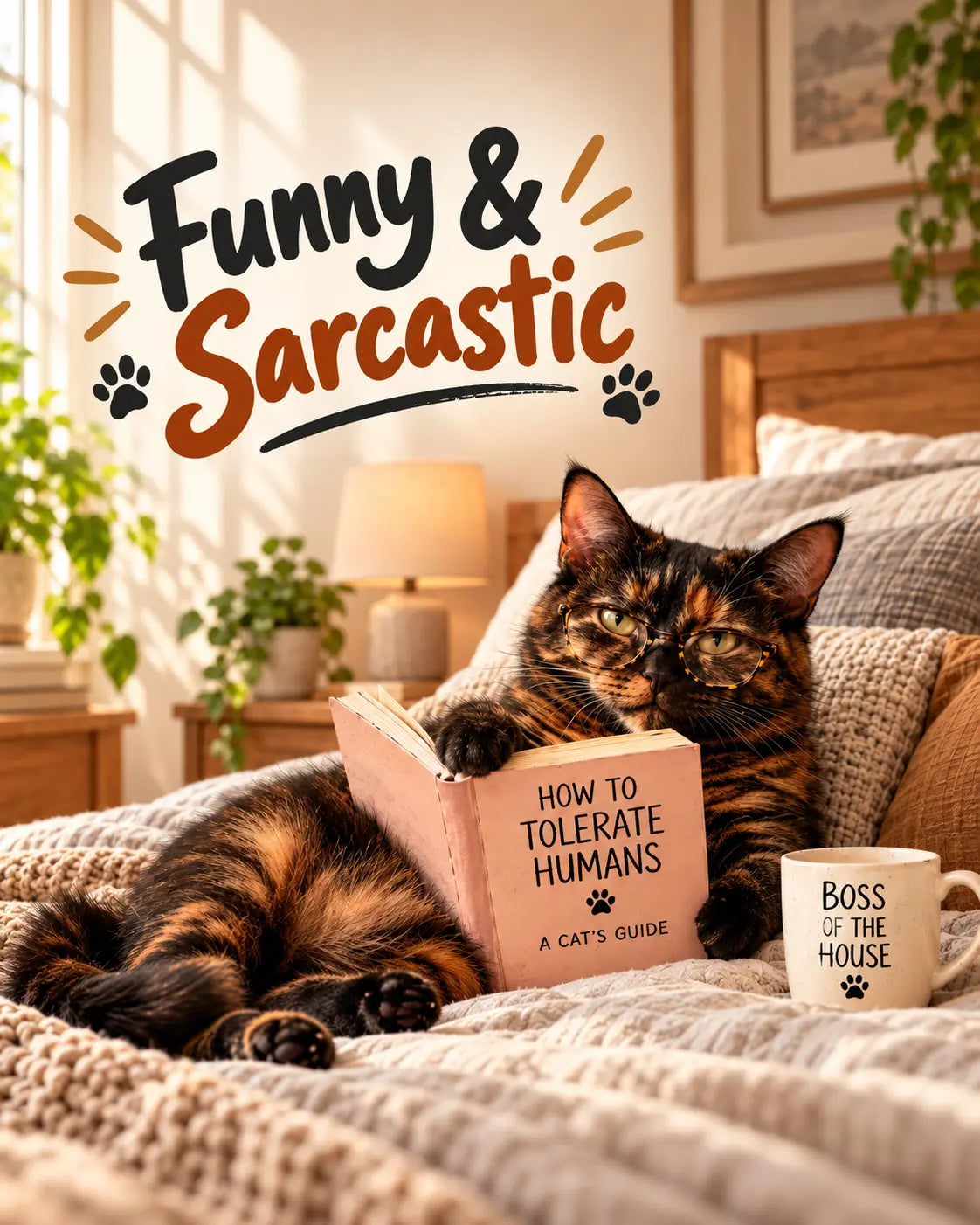 Tortoiseshell cat wearing glasses reading How to Tolerate Humans in bed beside a Boss of the House coffee mug for the Funny & Sarcastic card