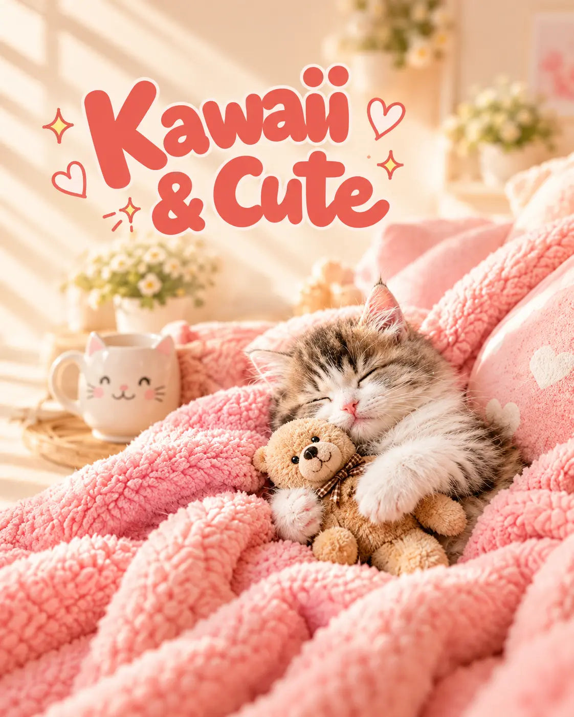 Sleeping kitten cuddling a miniature teddy bear tucked into a pastel pink fluffy blanket for the Kawaii & Cute collection card