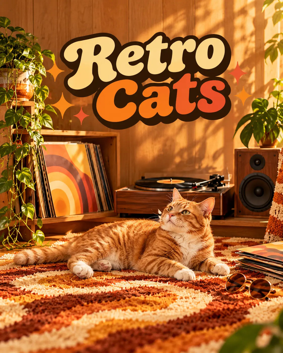 Orange tabby cat relaxing on a 70s wavy shag rug beside a vintage turntable and vinyl records for the Retro Cats collection card