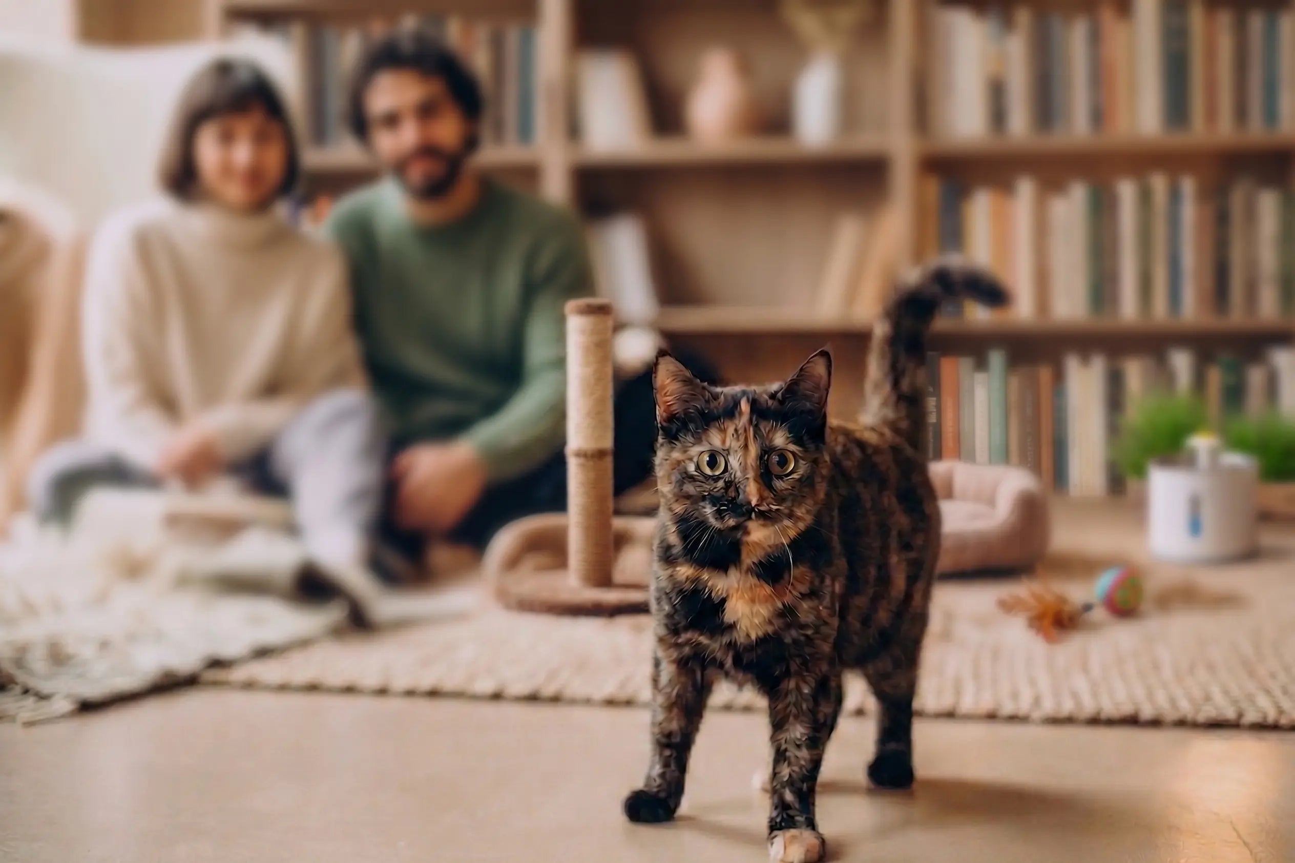 Purrfect Style founders sitting in their cozy living room with their tortoiseshell cat standing in the foreground