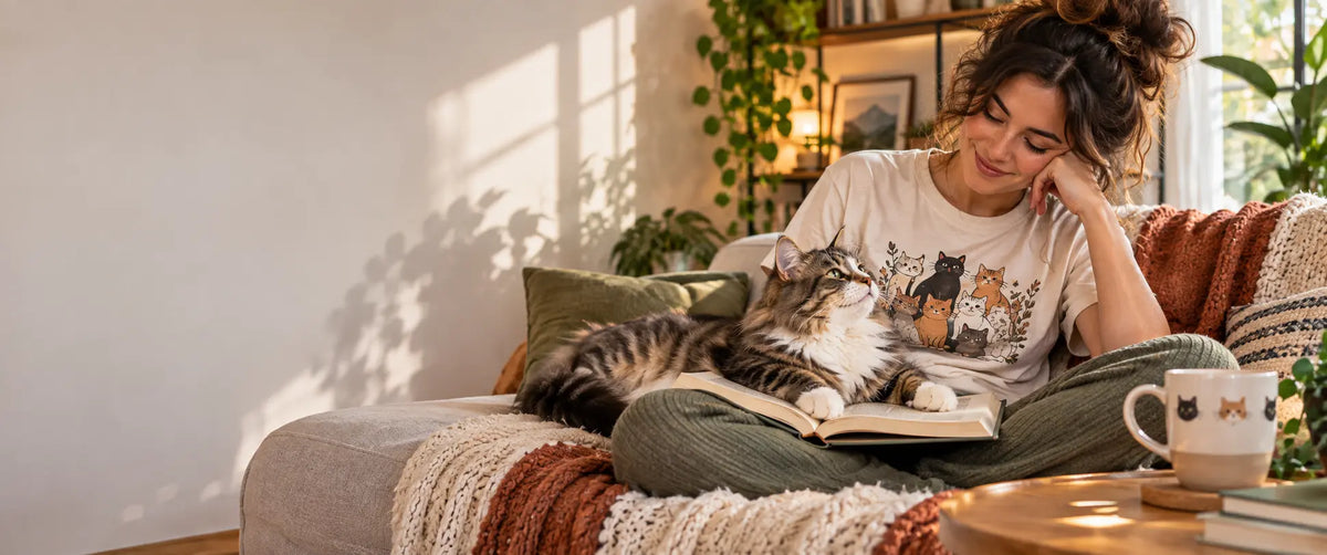 Woman wearing a Purrfect Style cat graphic t-shirt relaxing on a cozy sofa with an open book and a fluffy tabby cat