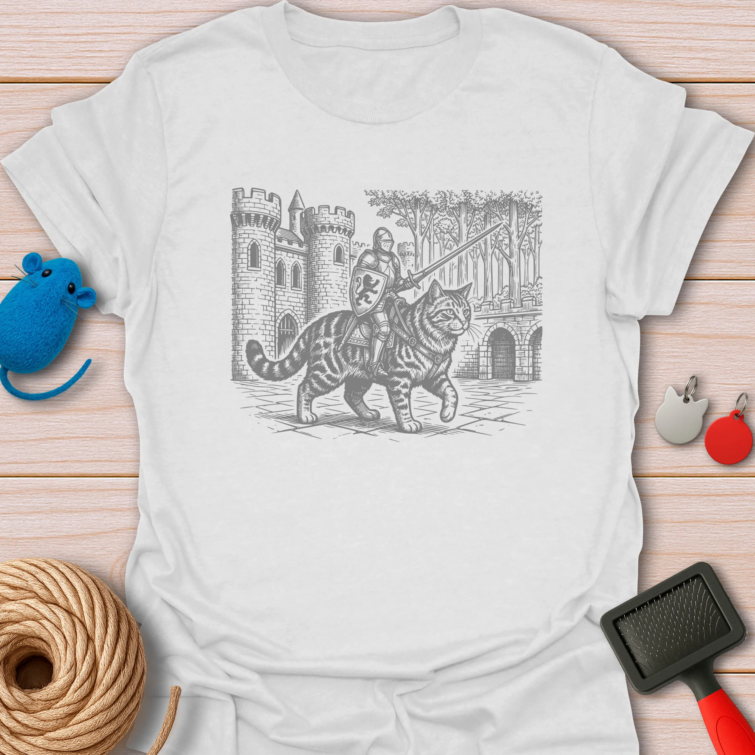 Medieval Knight Riding Giant Cat Vintage Art